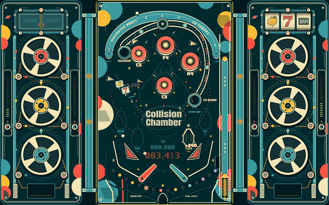 Collision Chamber mid-game: three balls on the playfield, raised flippers, an active rhythm gate and a score of 3,413